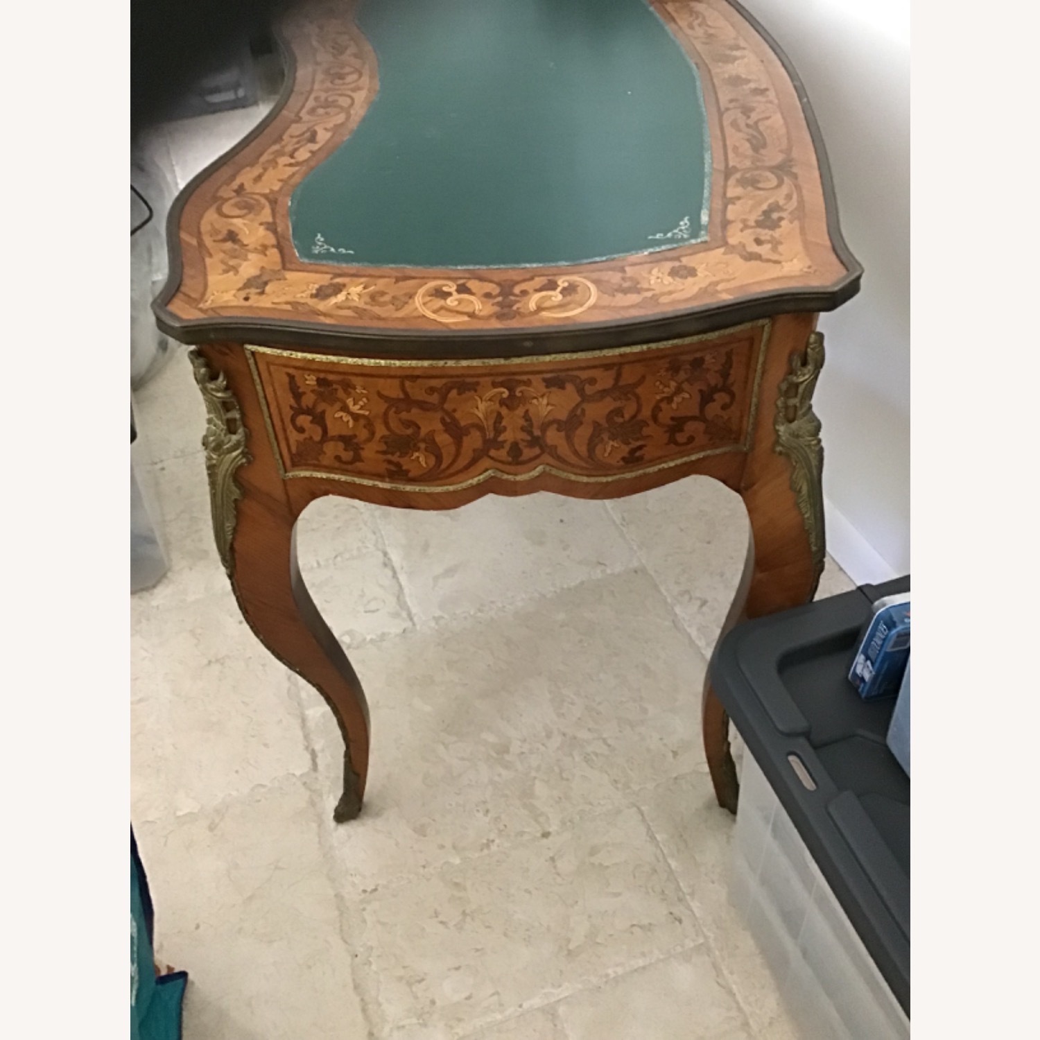 Vintage Green Leather Top With Marquetry Desk - image-7