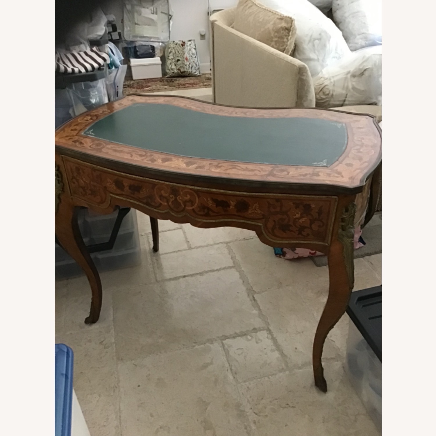 Vintage Green Leather Top With Marquetry Desk - image-10
