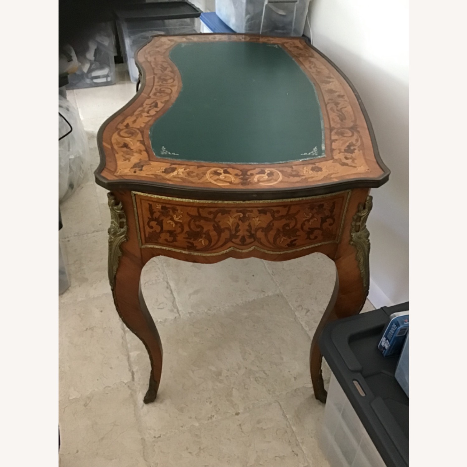 Vintage Green Leather Top With Marquetry Desk - image-16