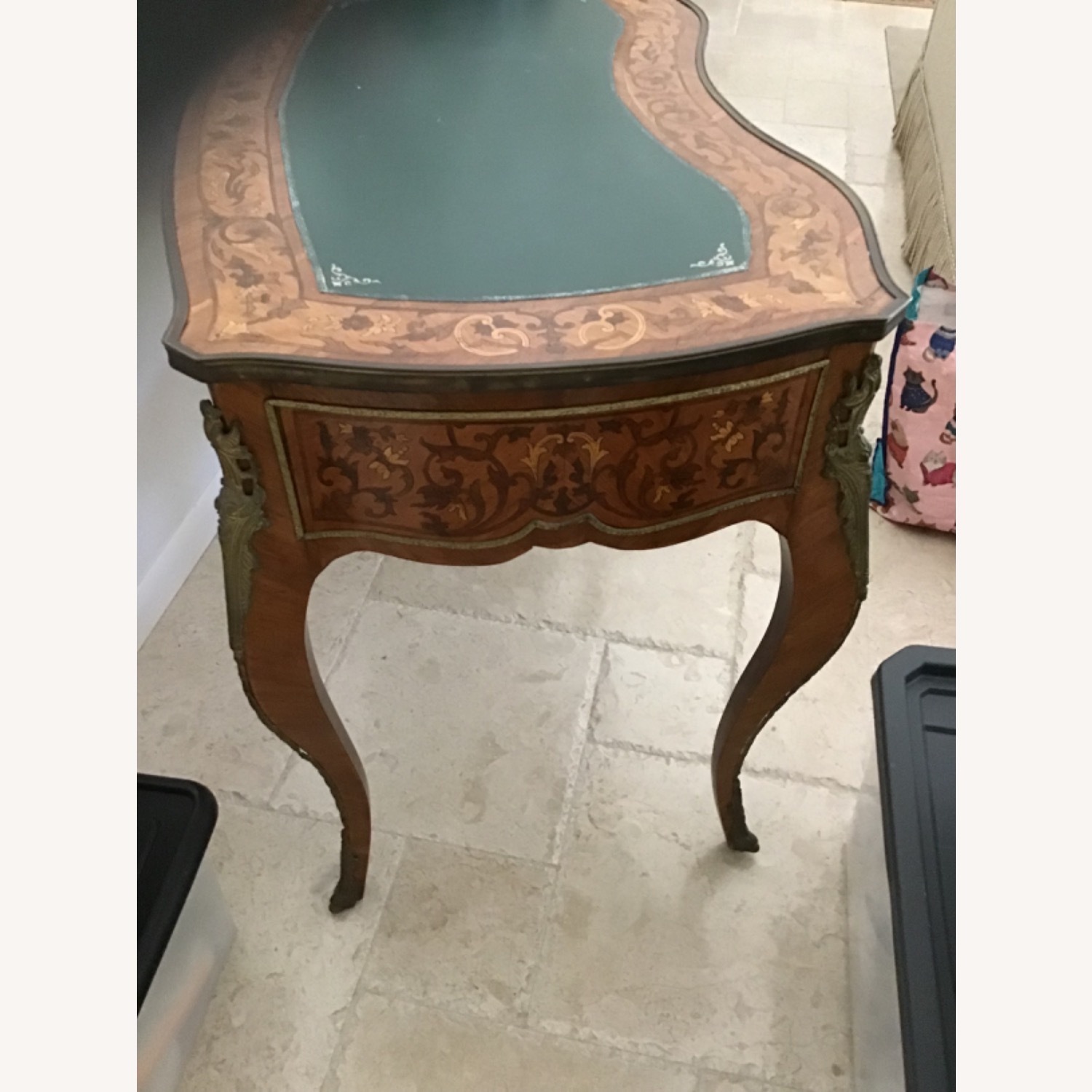 Vintage Green Leather Top With Marquetry Desk - image-9
