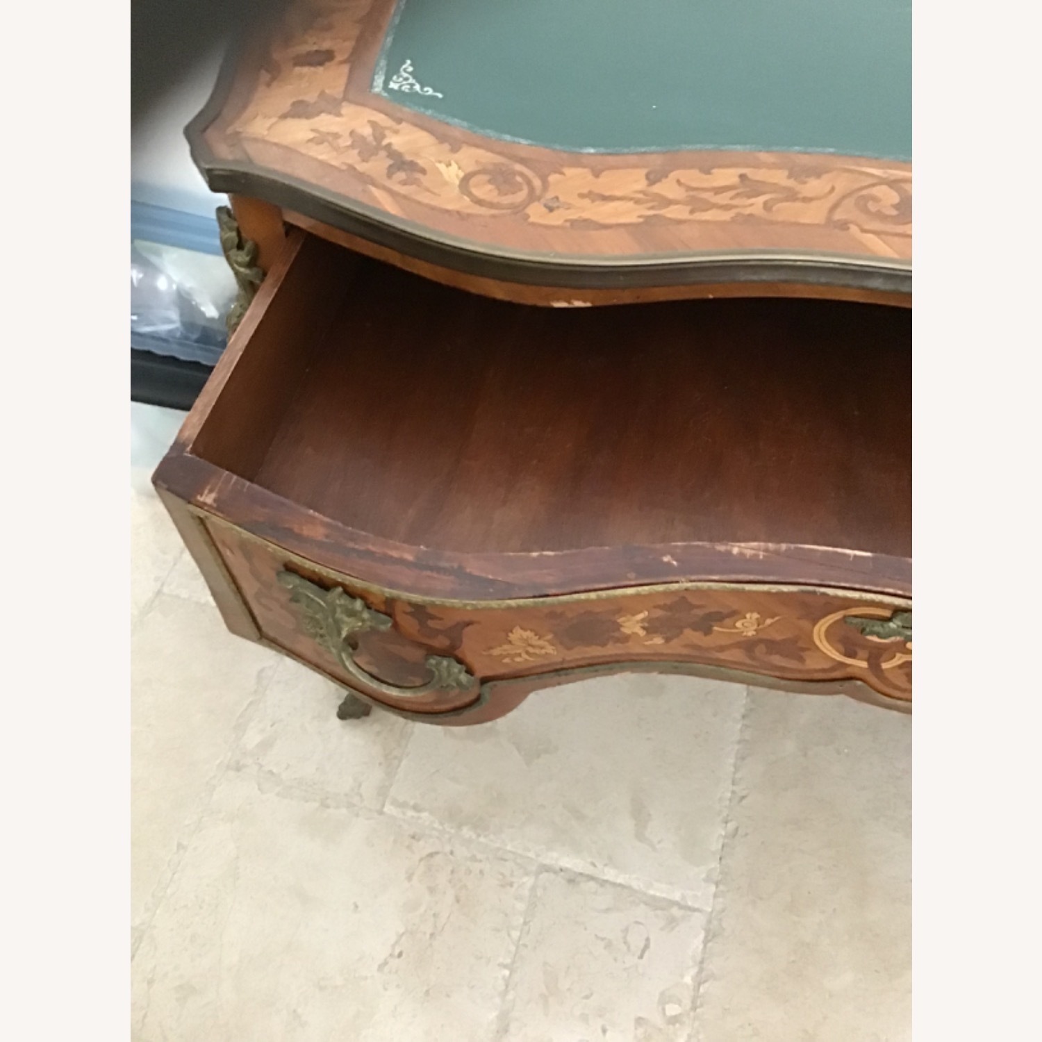 Vintage Green Leather Top With Marquetry Desk - image-6