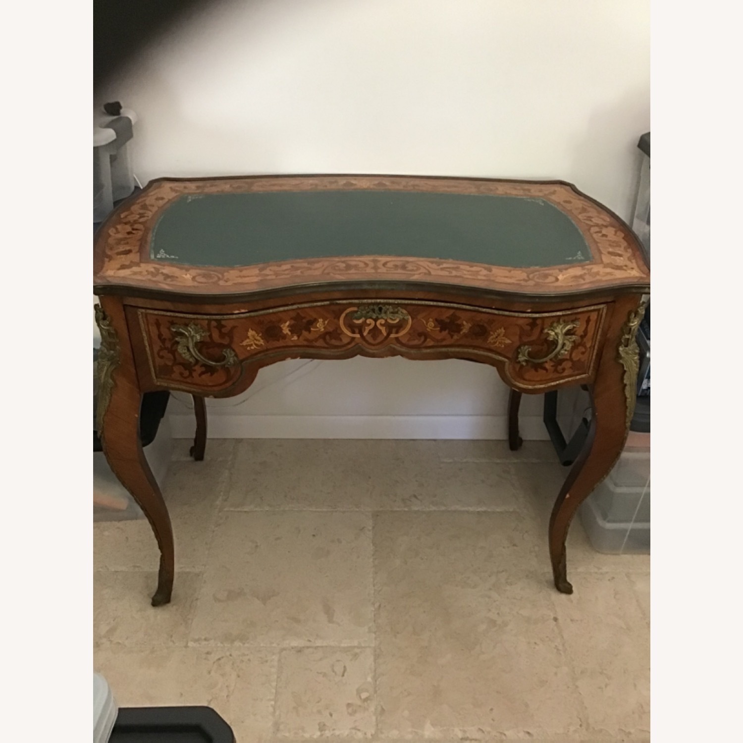 Vintage Green Leather Top With Marquetry Desk - image-1