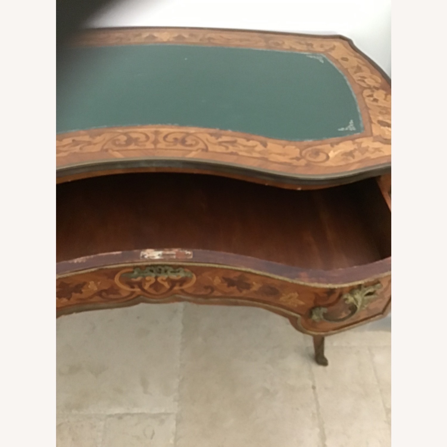 Vintage Green Leather Top With Marquetry Desk - image-5