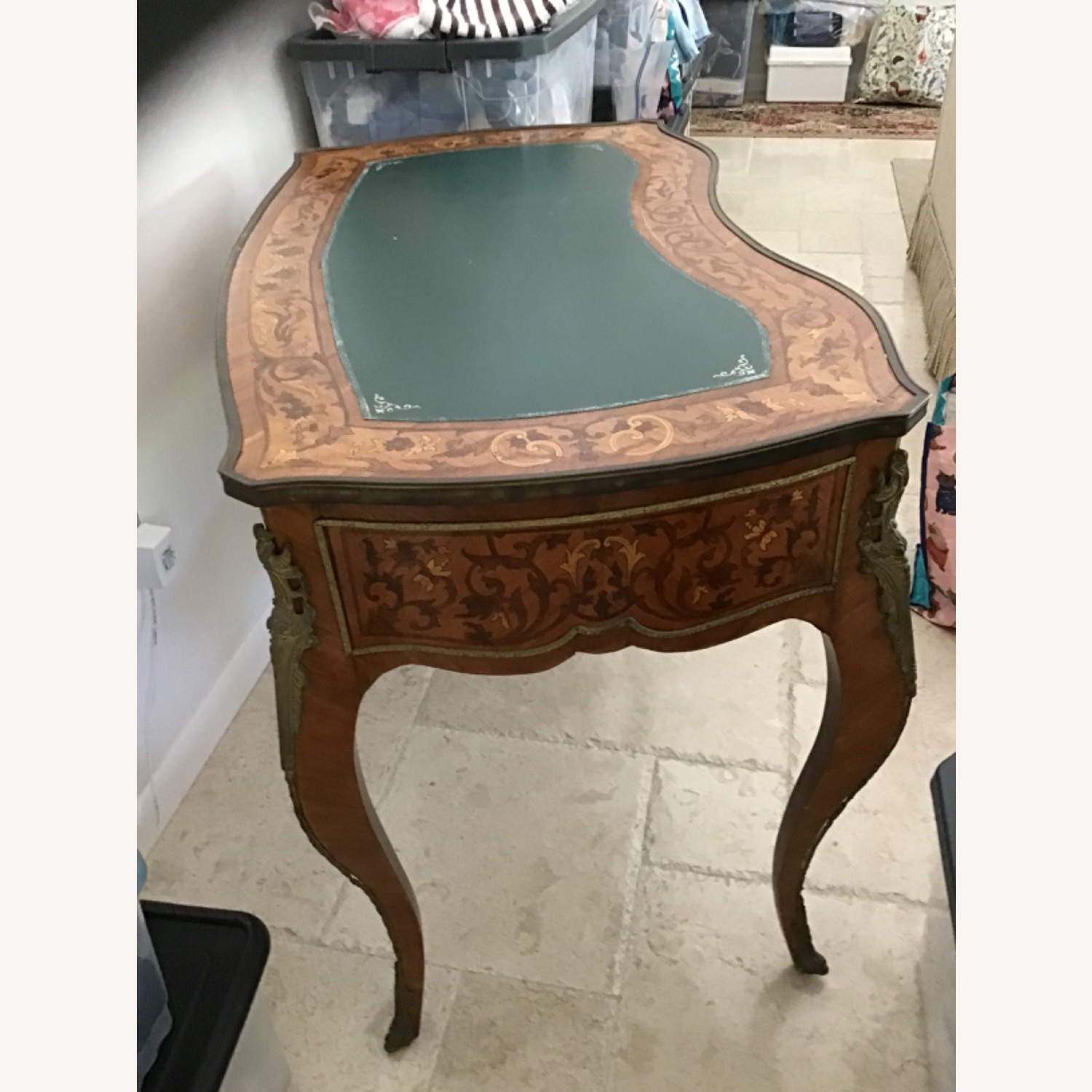 Vintage Green Leather Top With Marquetry Desk - image-15