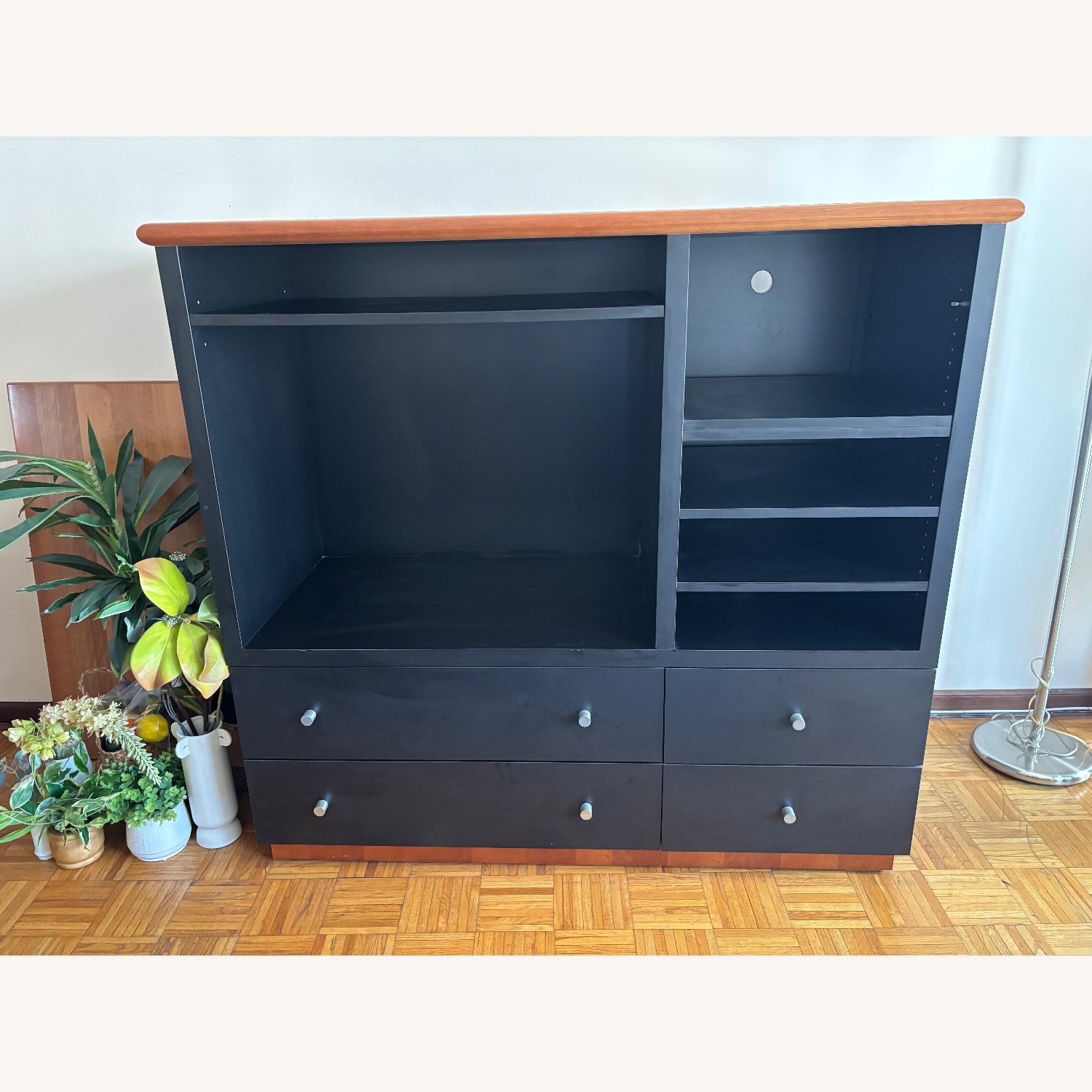 Black Media Console with Wood Accent - image-1