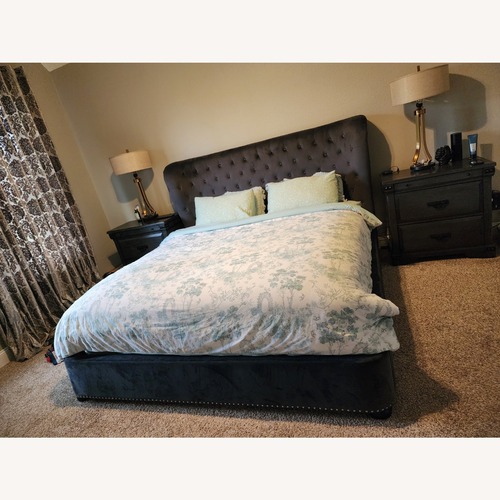 Used Upholstered Velvet King Bed with Nailheads  for sale on AptDeco
