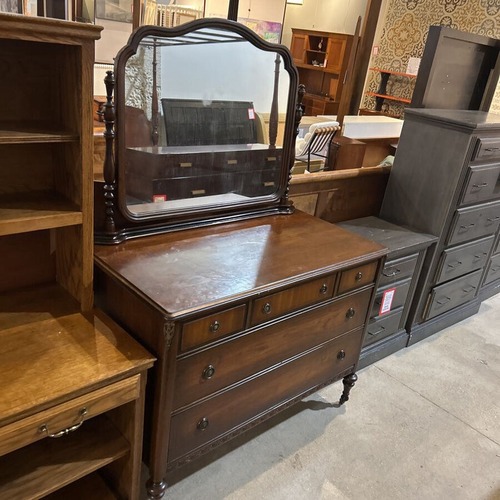 Used Antique 5-Drawer w Mirror On Casters Dresser for sale on AptDeco