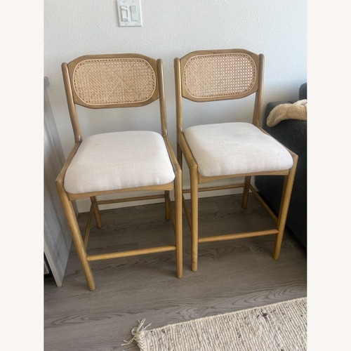 Used Amazon Rattan Counter Beige Linen Counter Stools for sale on AptDeco