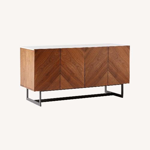 Used CB2 Suspend 57" Walnut Wood Media Console with White Marble Top for sale on AptDeco