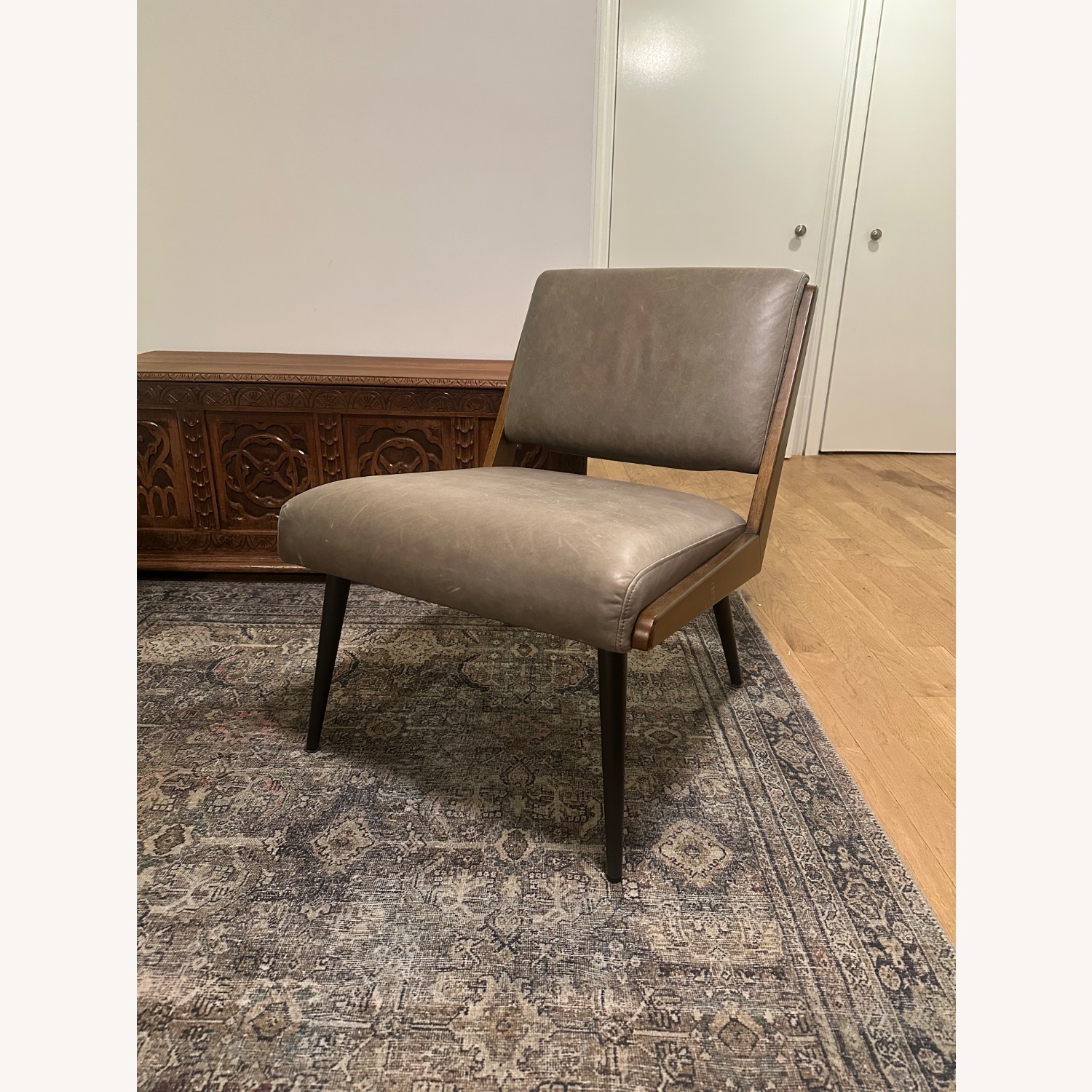 West Elm Gray Leather and Walnut Accent Chair - image-5