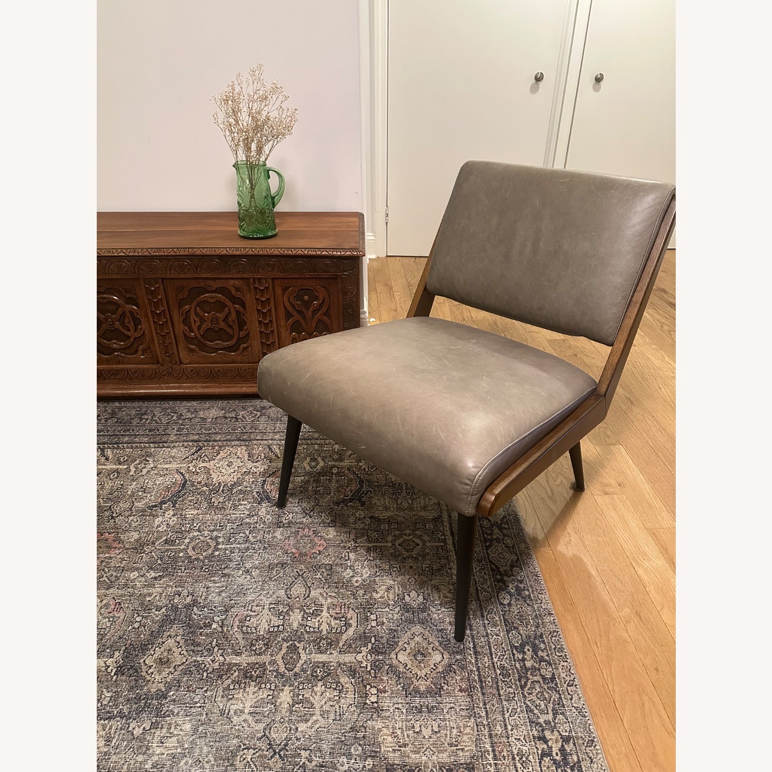 West Elm Gray Leather and Walnut Accent Chair - image-4