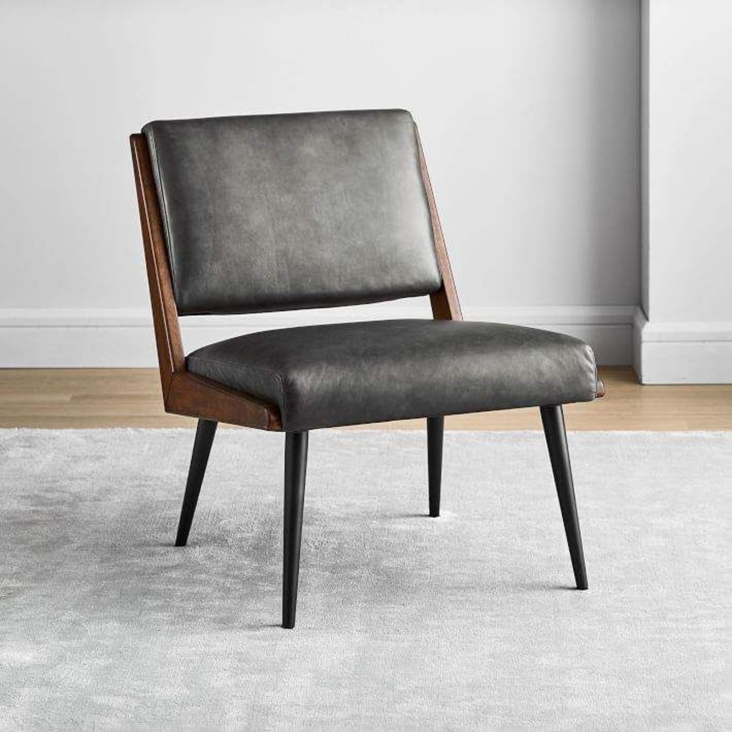 West Elm Gray Leather and Walnut Accent Chair - image-1
