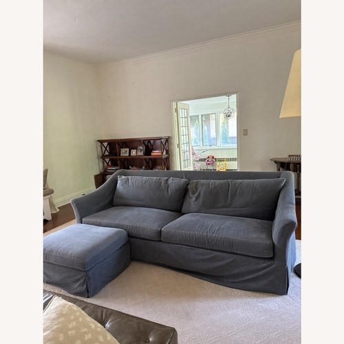 Used Denim Blue Custom Slip Covered Sofa  for sale on AptDeco