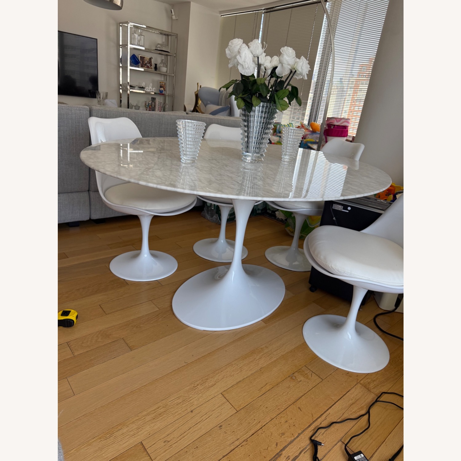 Carrara Marble Pedestal Tulip Dining Table - Oval - image-1