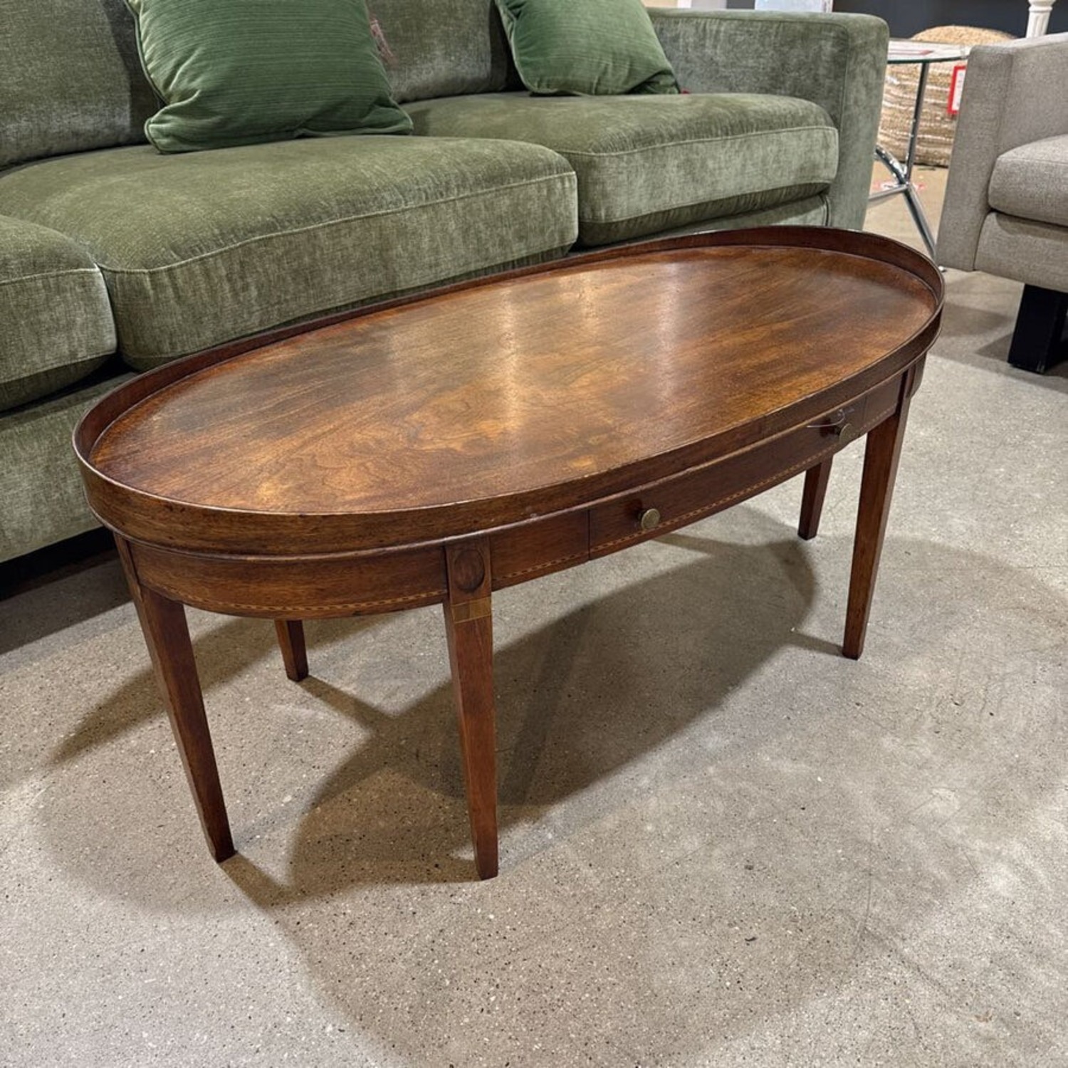 Mersman Oval Mahogany Inlaid 1-Drawer Coffee Table - image-3