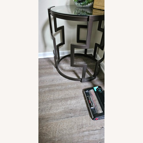 Used Modern Round Glass Coffee Table – Bronze Finish for sale on AptDeco