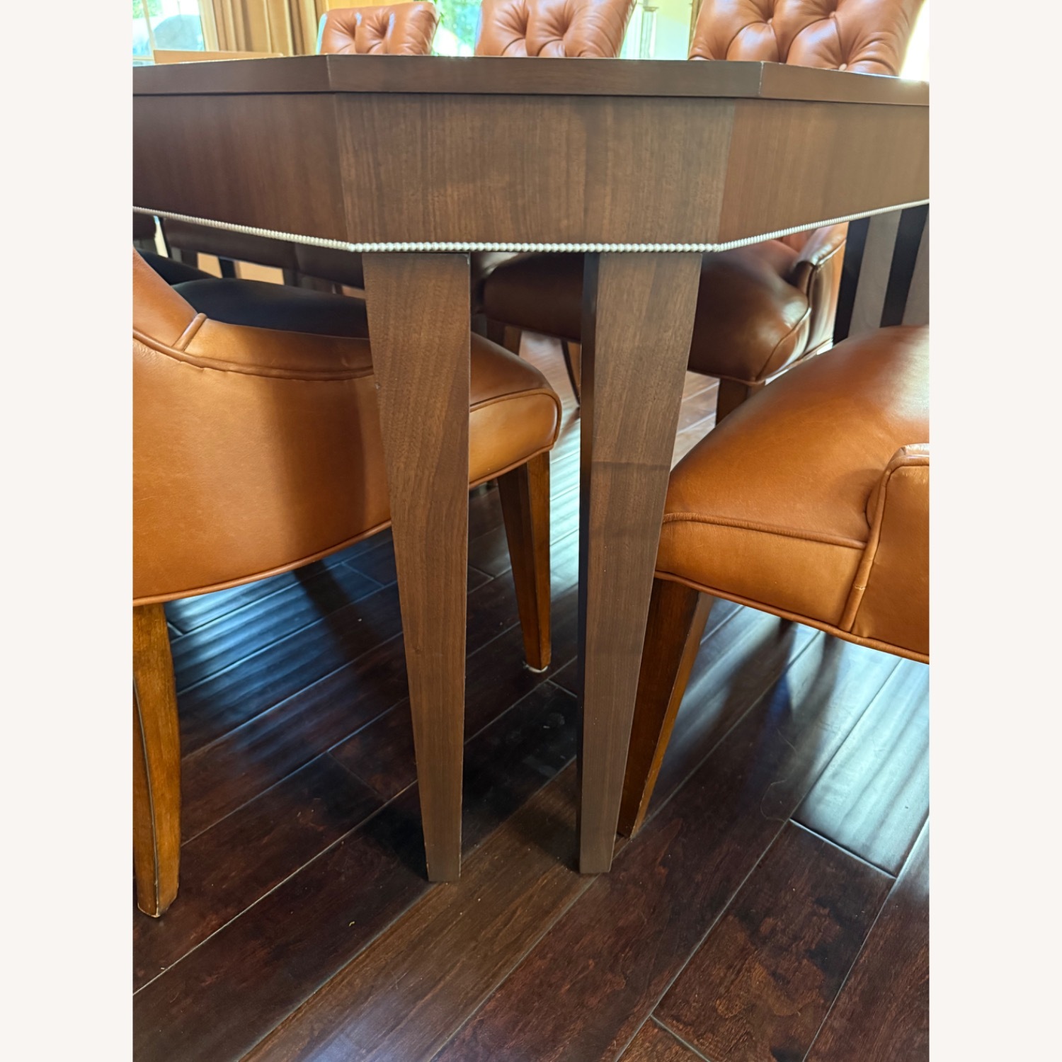 Walnut Dining Table and 8 Leather Chairs - AptDeco