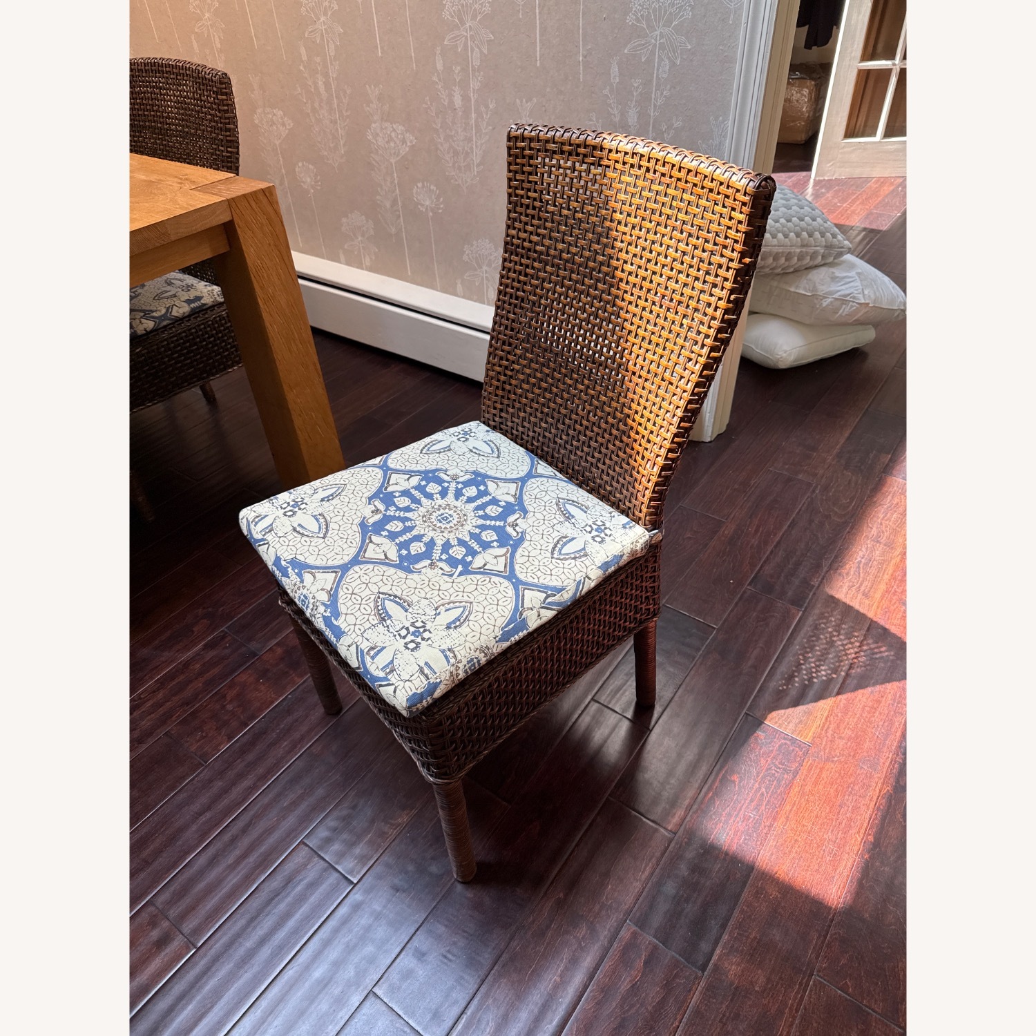 Custom Oak Dining Table & 8 Rattan Chairs - image-6