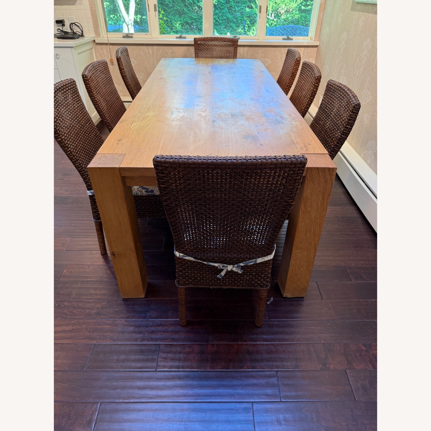 Custom Oak Dining Table & 8 Rattan Chairs - image-1
