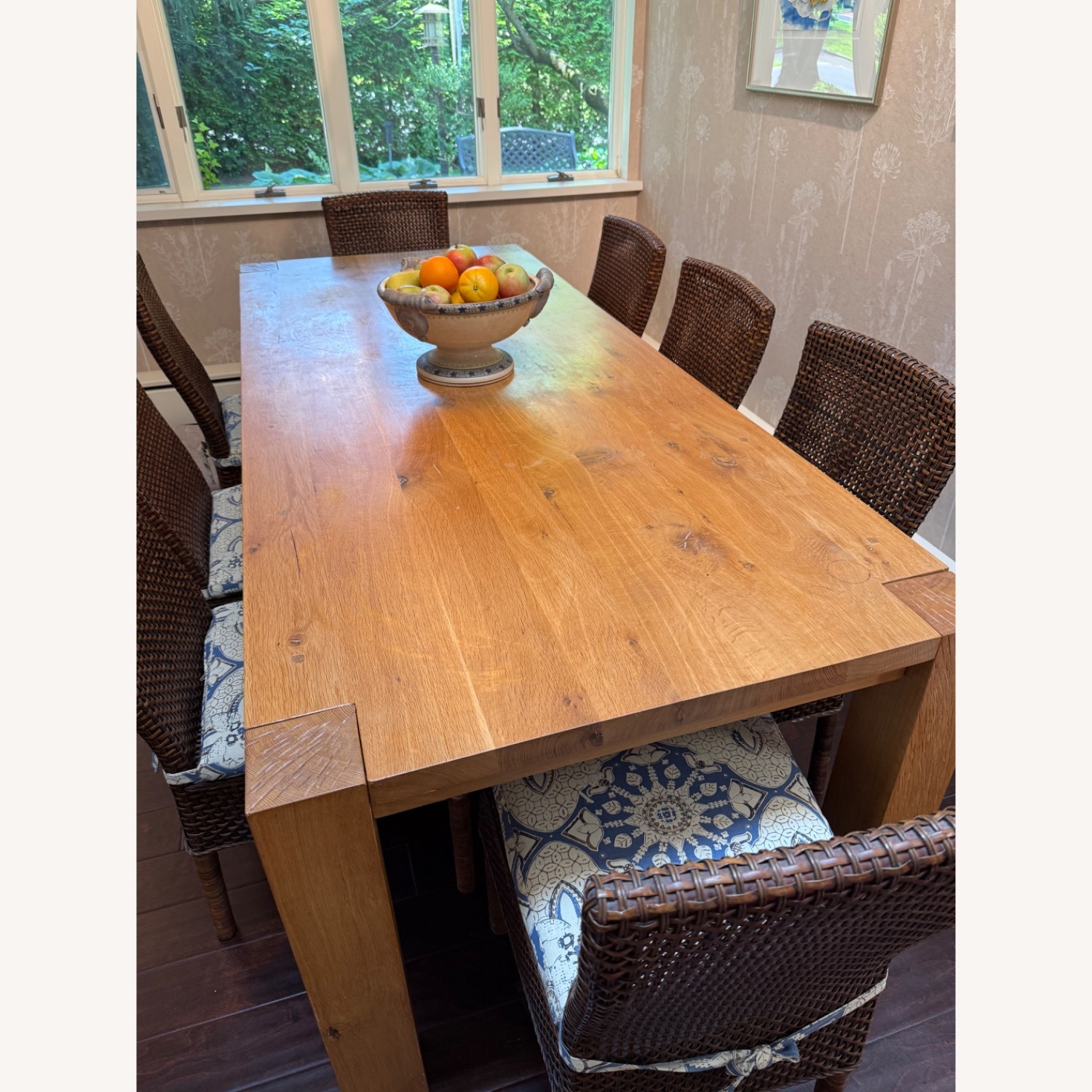 Custom Oak Dining Table & 8 Rattan Chairs - image-2