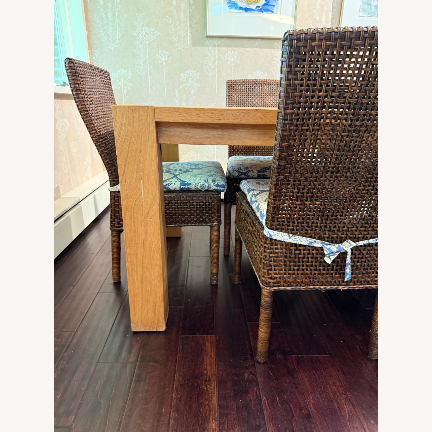 Custom Oak Dining Table & 8 Rattan Chairs - image-9