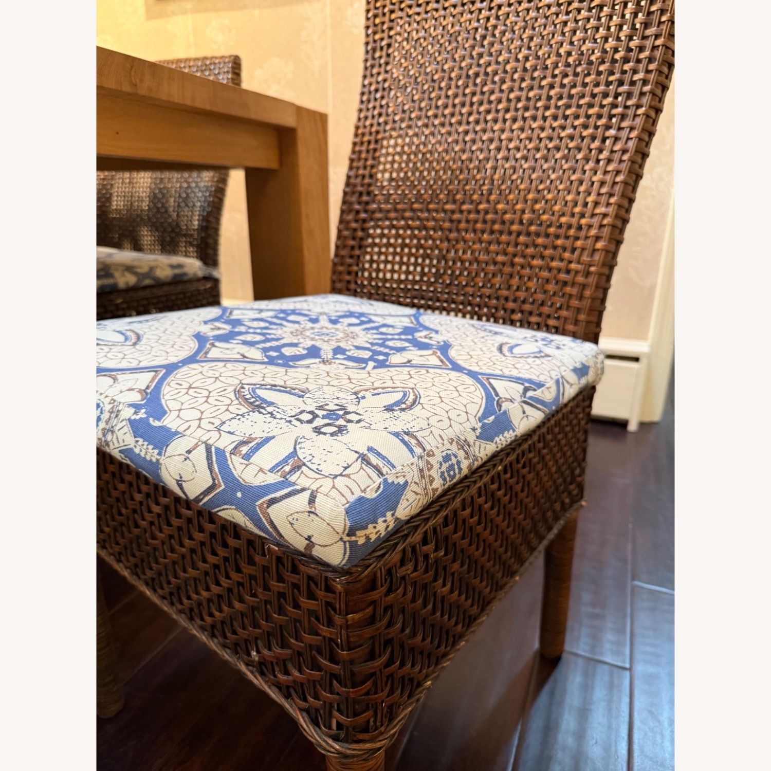 Custom Oak Dining Table & 8 Rattan Chairs - image-4