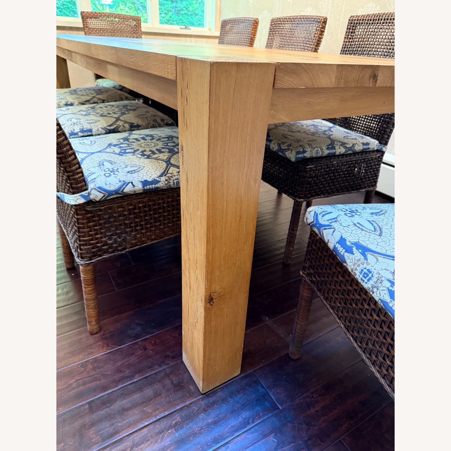 Custom Oak Dining Table & 8 Rattan Chairs - image-5