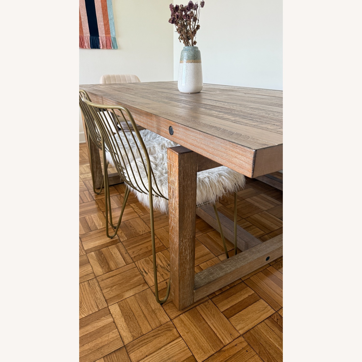 Solid Wood Dining Set W Bench & Brass Chairs  - image-2