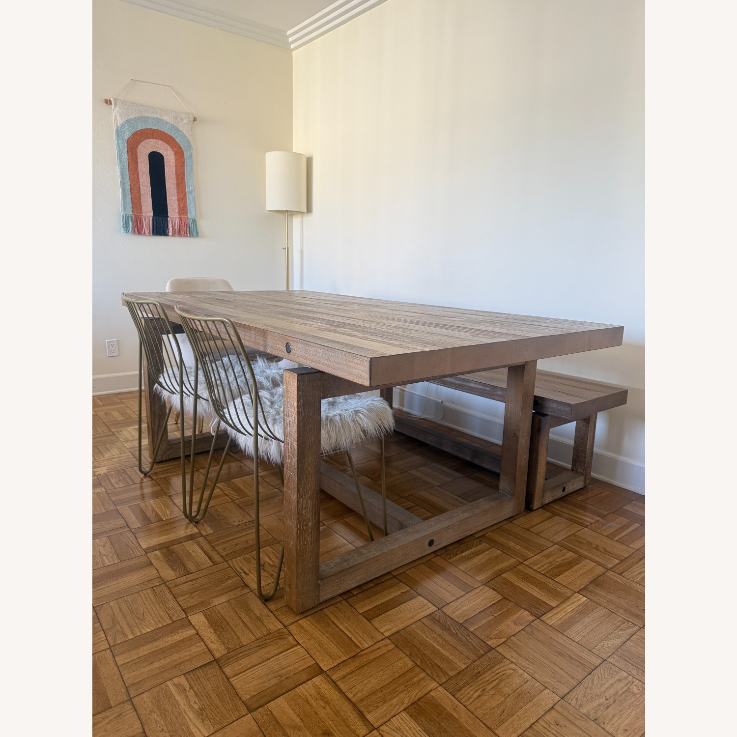 Solid Wood Dining Set W Bench & Brass Chairs  - image-1