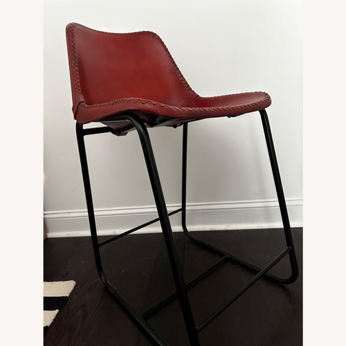 Used CB2 Roadhouse Leather Bar Stool Set of 5  for sale on AptDeco