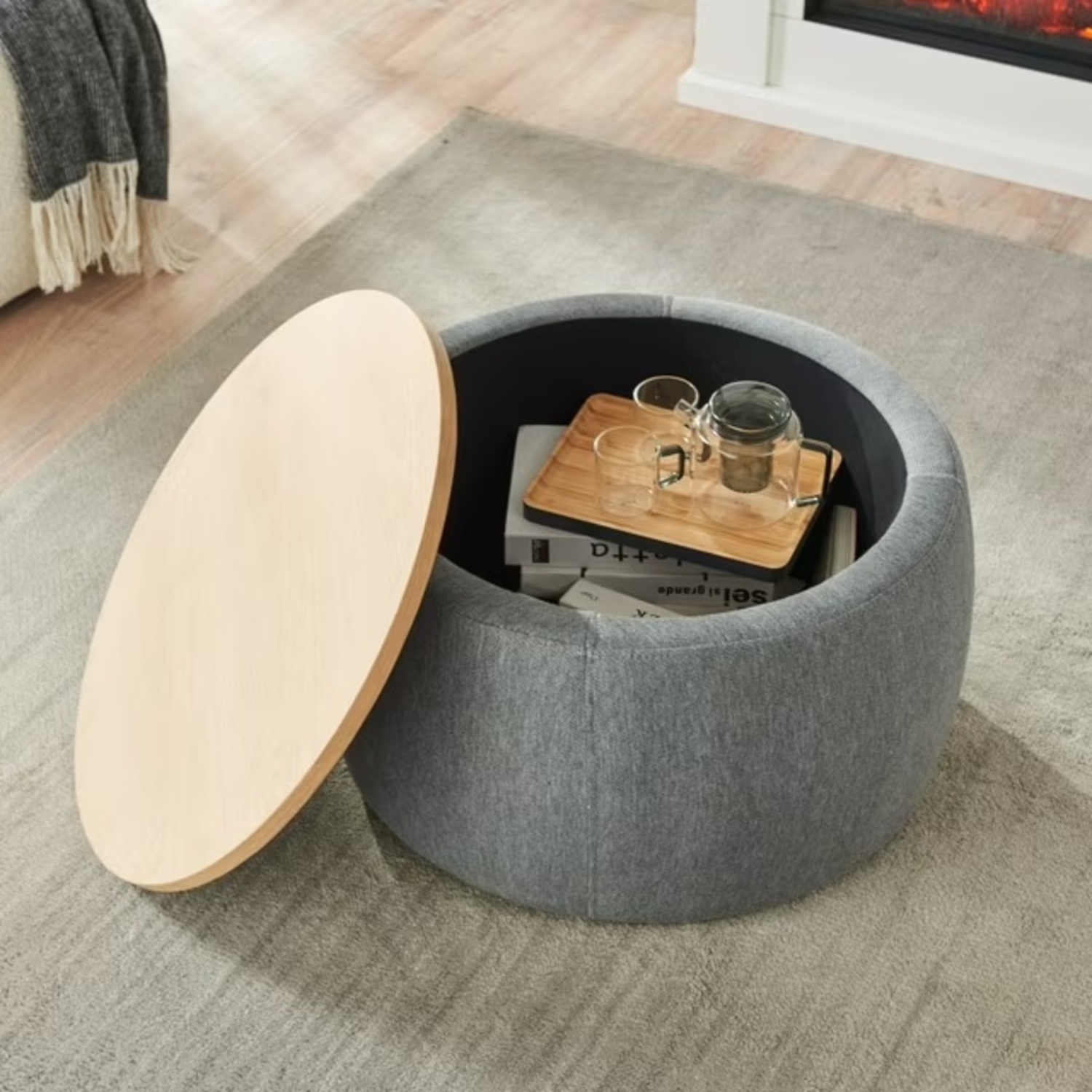 Round Storage Ottoman with Wooden Lid - image-4