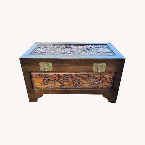 Used Carved Camphor Wood Chest with Glass Top  for sale on AptDeco
