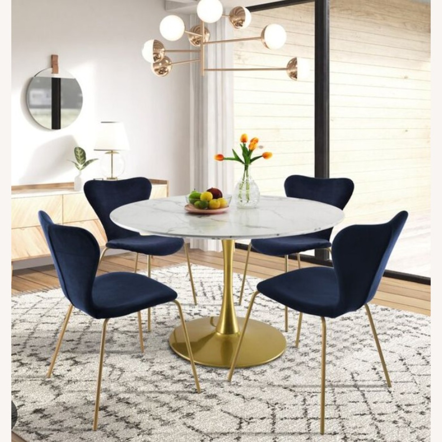 5 Piece Dining Set - White Marble + Velvet Chairs - image-3