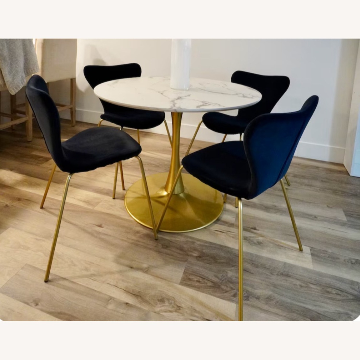 5 Piece Dining Set - White Marble + Velvet Chairs - image-2