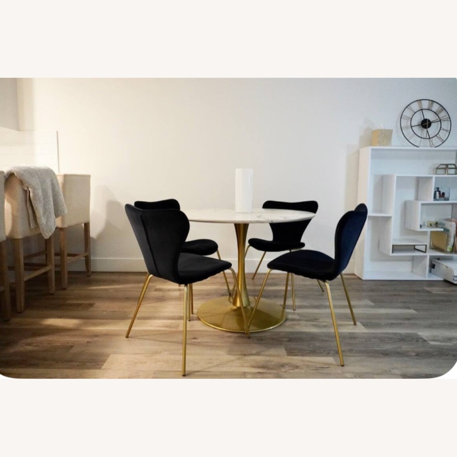 5 Piece Dining Set - White Marble + Velvet Chairs - image-1