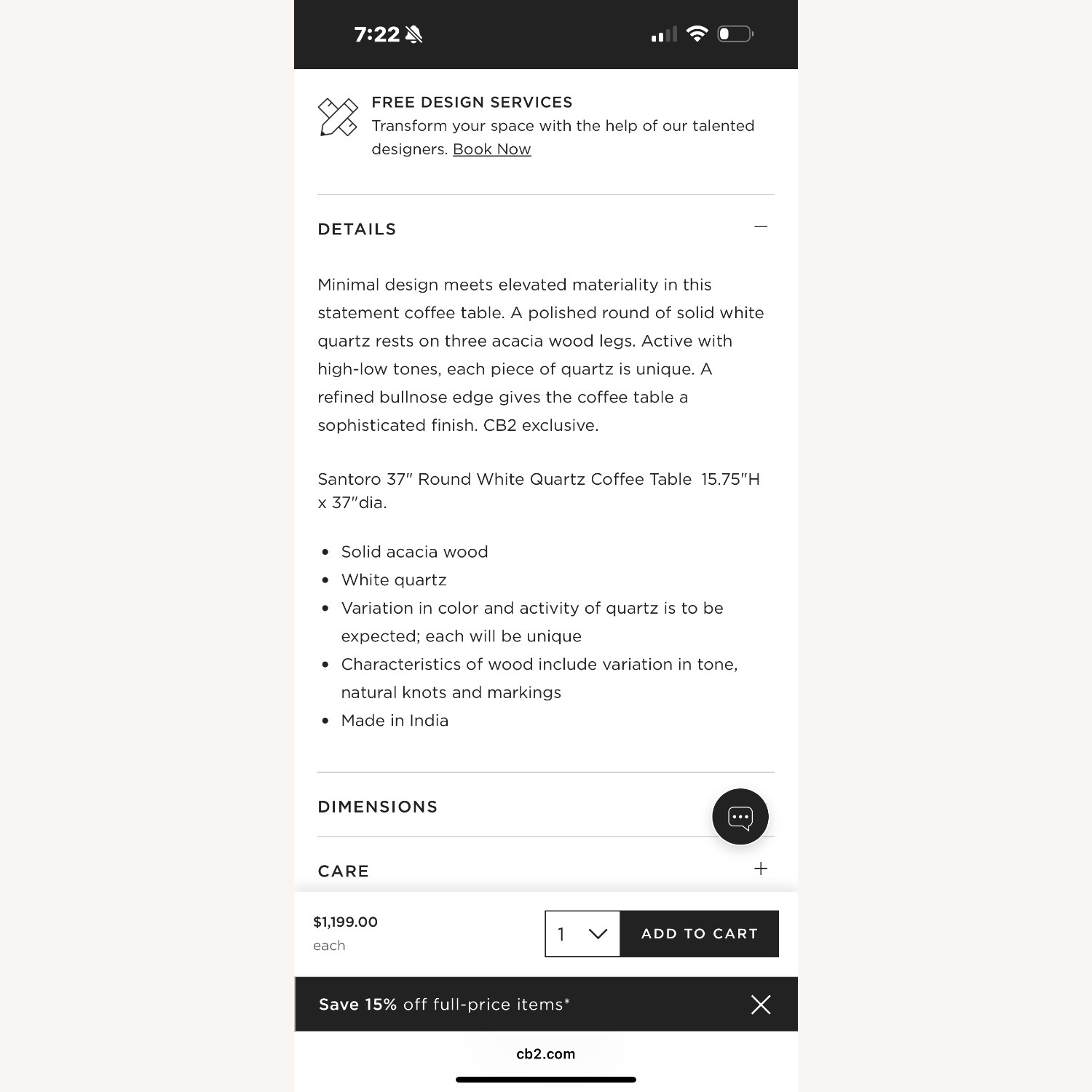 CB2 Santoro 37" Round White Quartz Coffee Table - image-3