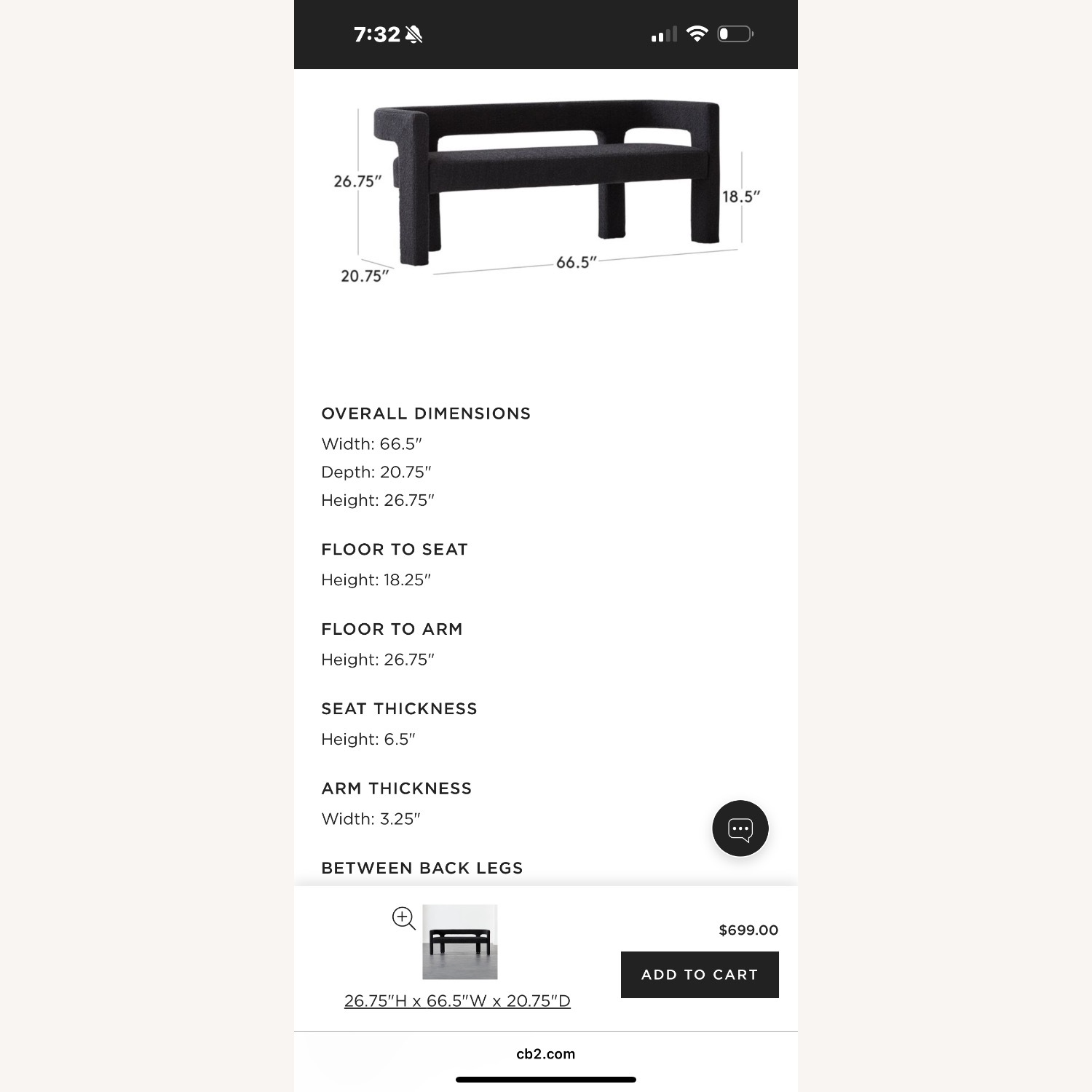 CB2 Stature 67" Black Boucle Bench - image-3