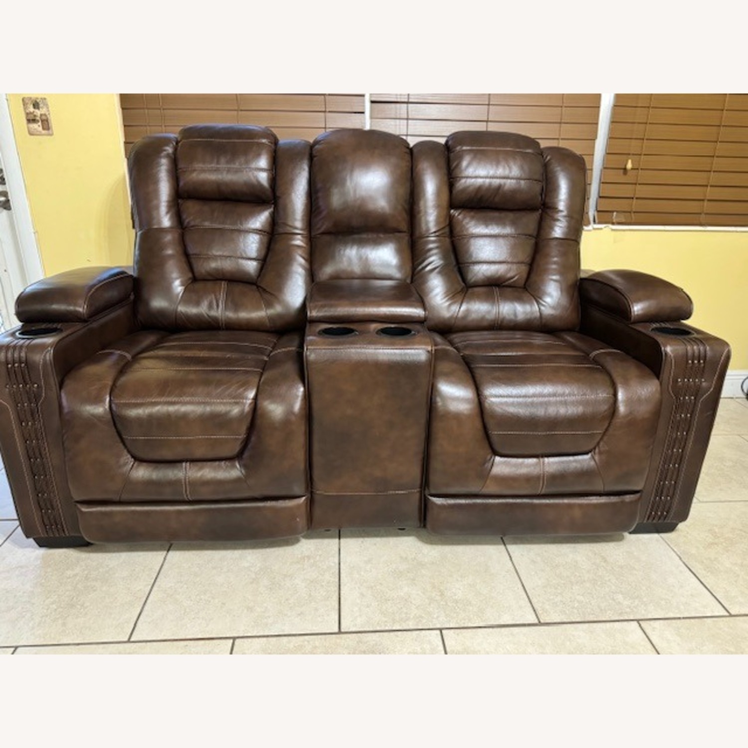 Brown Leather Dual-Power Recliner Loveseat - image-1