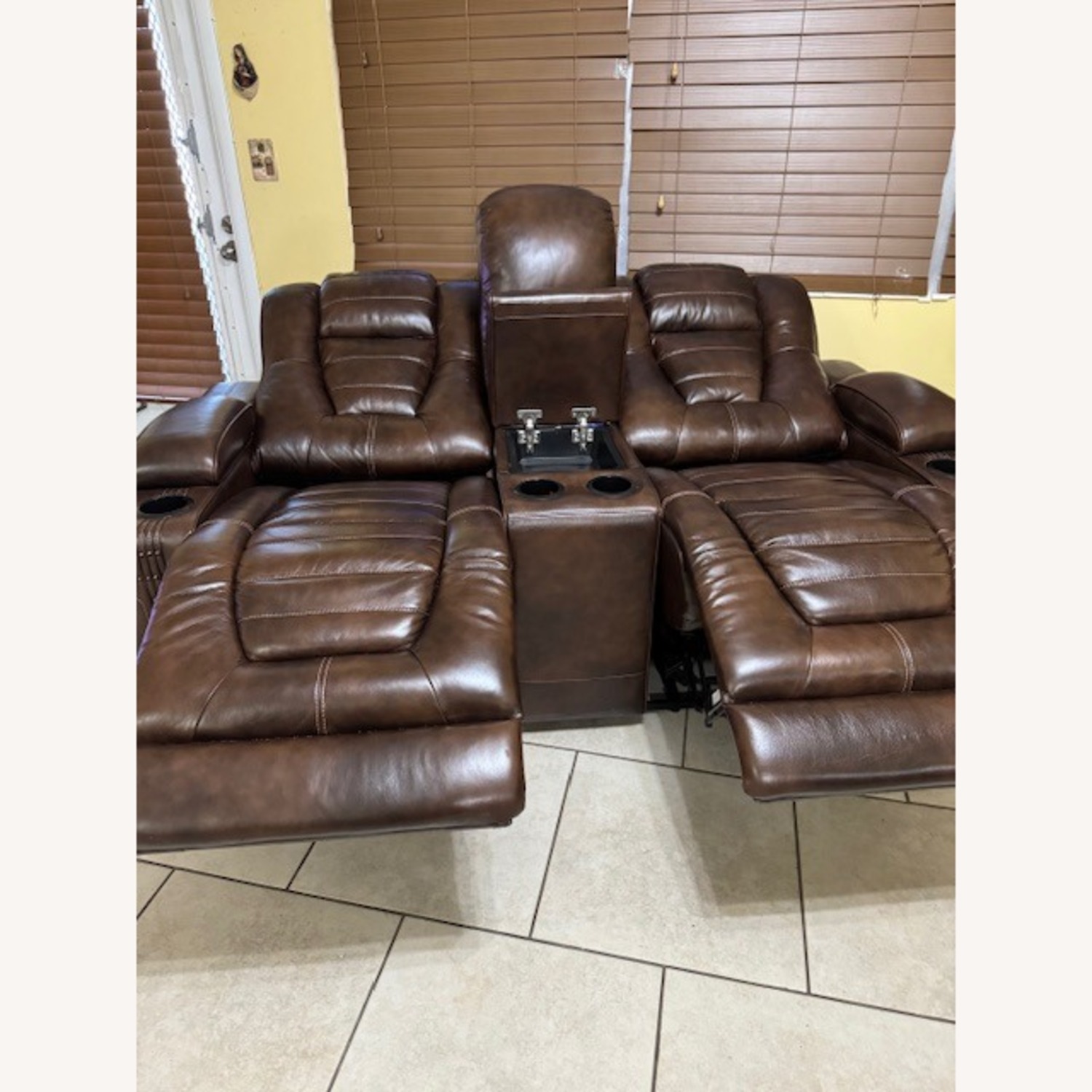Brown Leather Dual-Power Recliner Loveseat - image-5