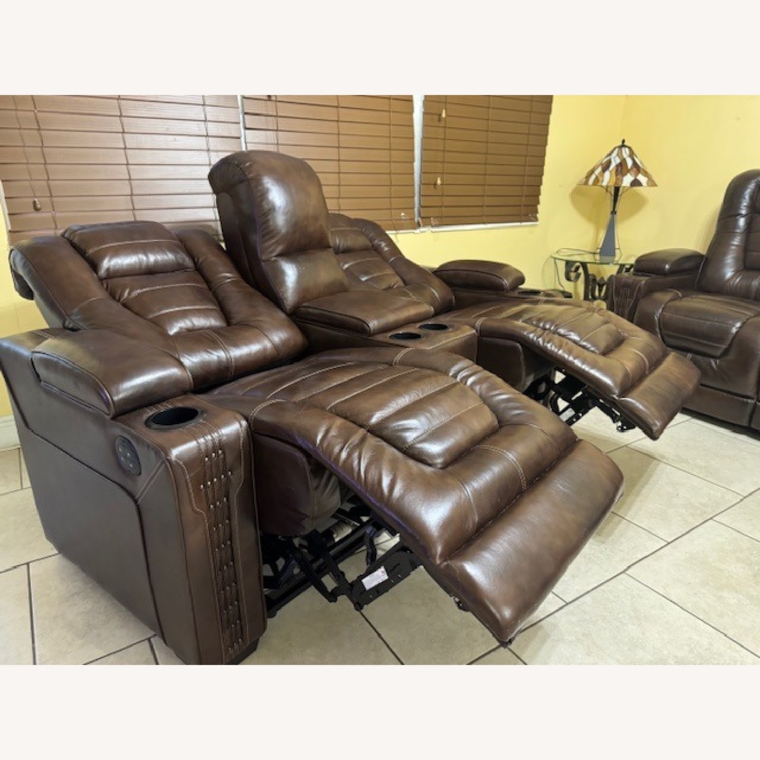 Brown Leather Dual-Power Recliner Loveseat - image-4