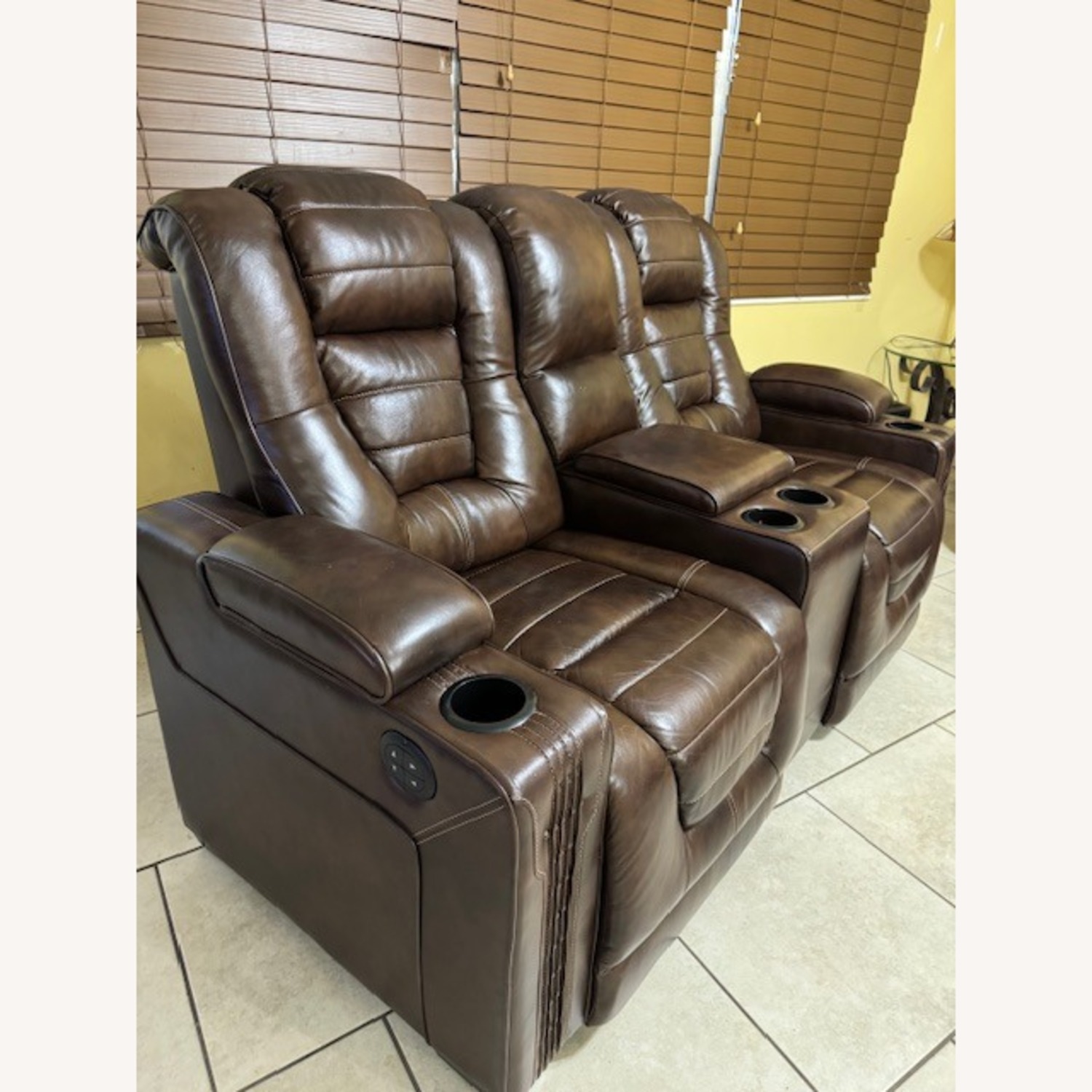 Brown Leather Dual-Power Recliner Loveseat - image-3