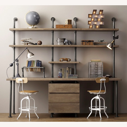 Used RH Teen Industrial Pipe Double Desk & Shelving with Drawers  for sale on AptDeco