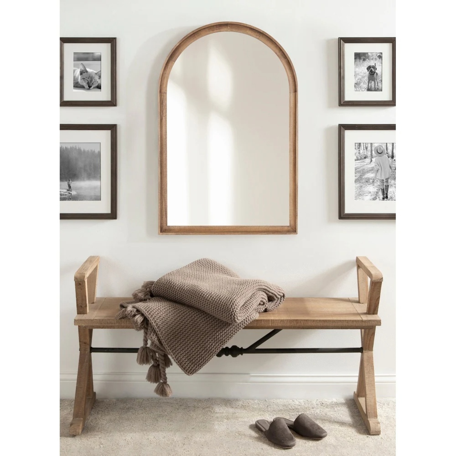 Ached wall mirror with natural wood frame - image-4