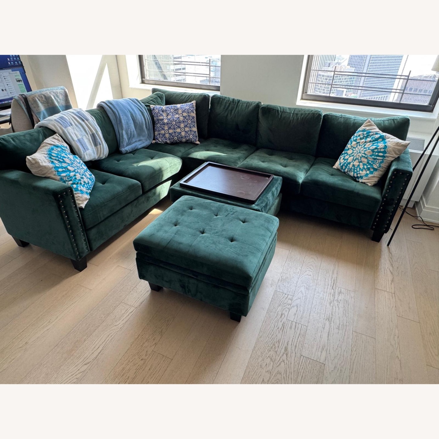 Large Green Velvet Sectional Sofa - image-1