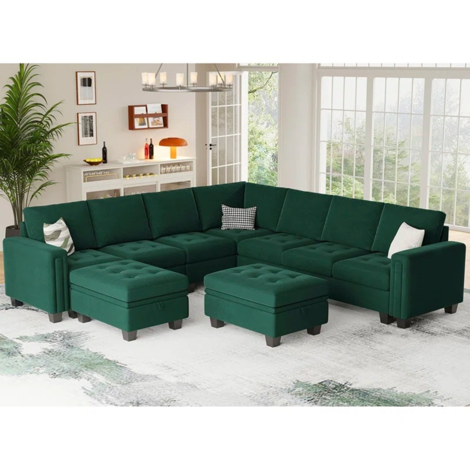 Large Green Velvet Sectional Sofa - image-5