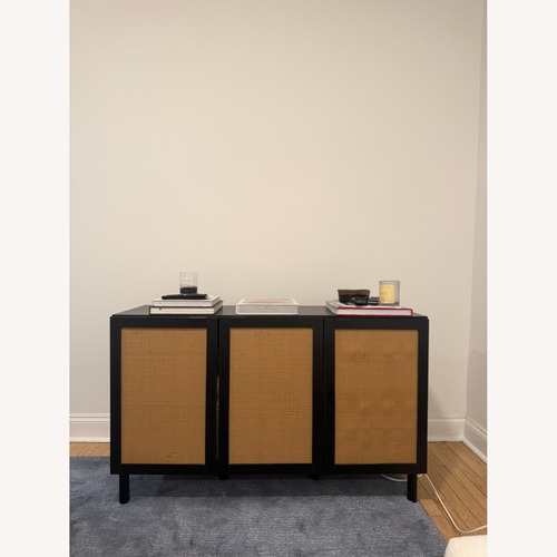 Used Rattan Black Wood Media Console for sale on AptDeco