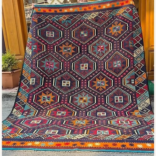 Used Vintage Eclectic Cecim Kilim Rug In Pomegranate for sale on AptDeco