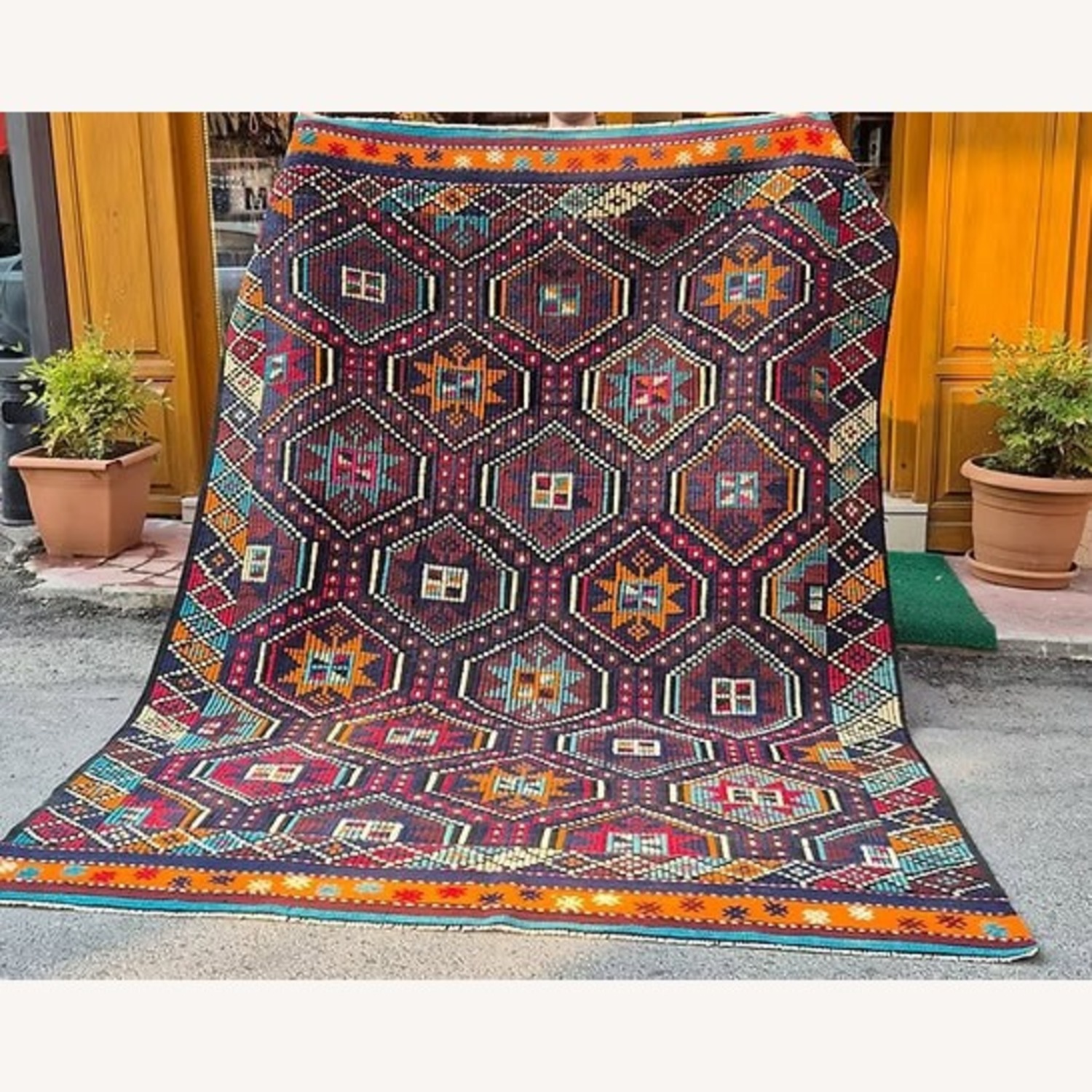 Vintage Eclectic Cecim Kilim Rug In Pomegranate - image-3