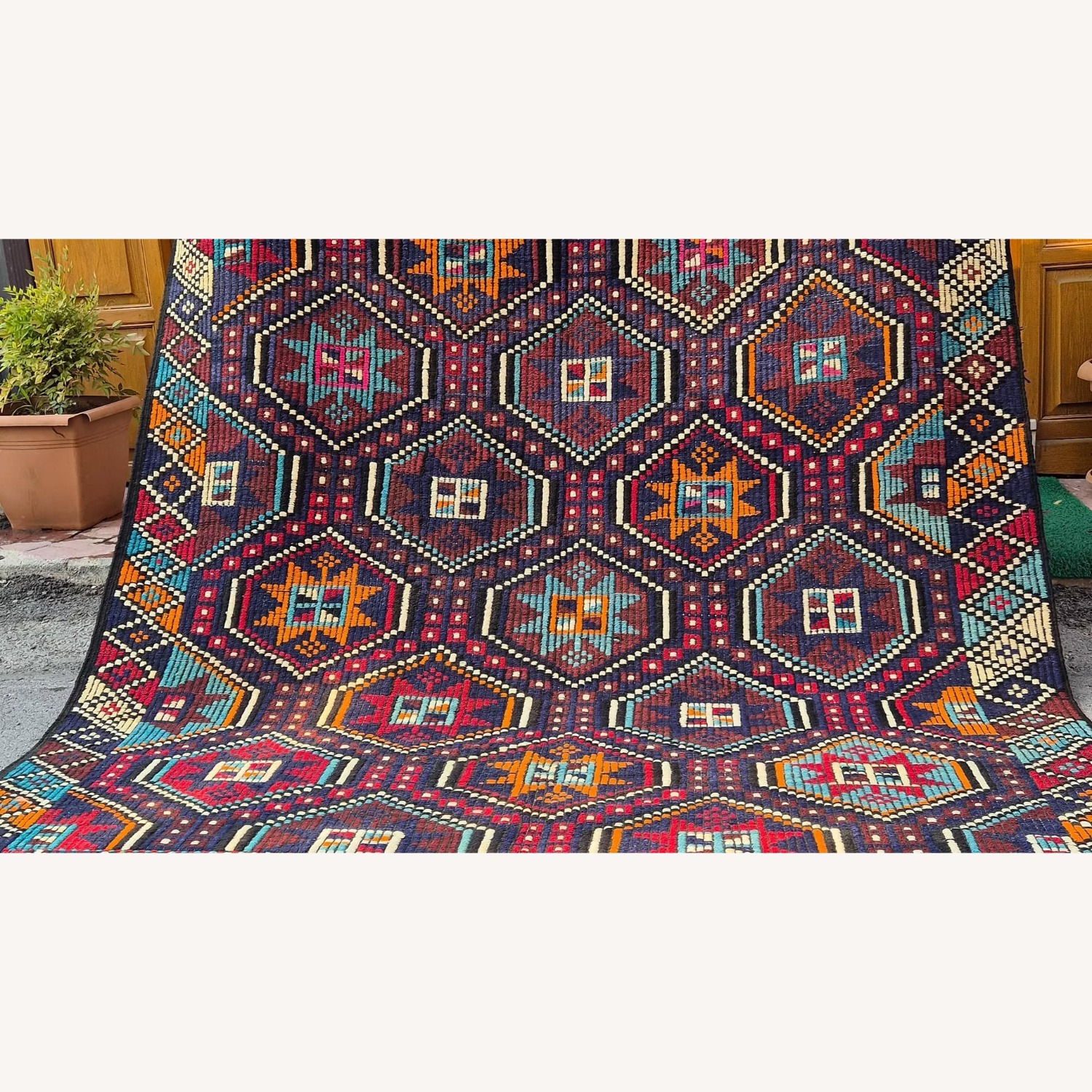 Vintage Eclectic Cecim Kilim Rug In Pomegranate - image-2