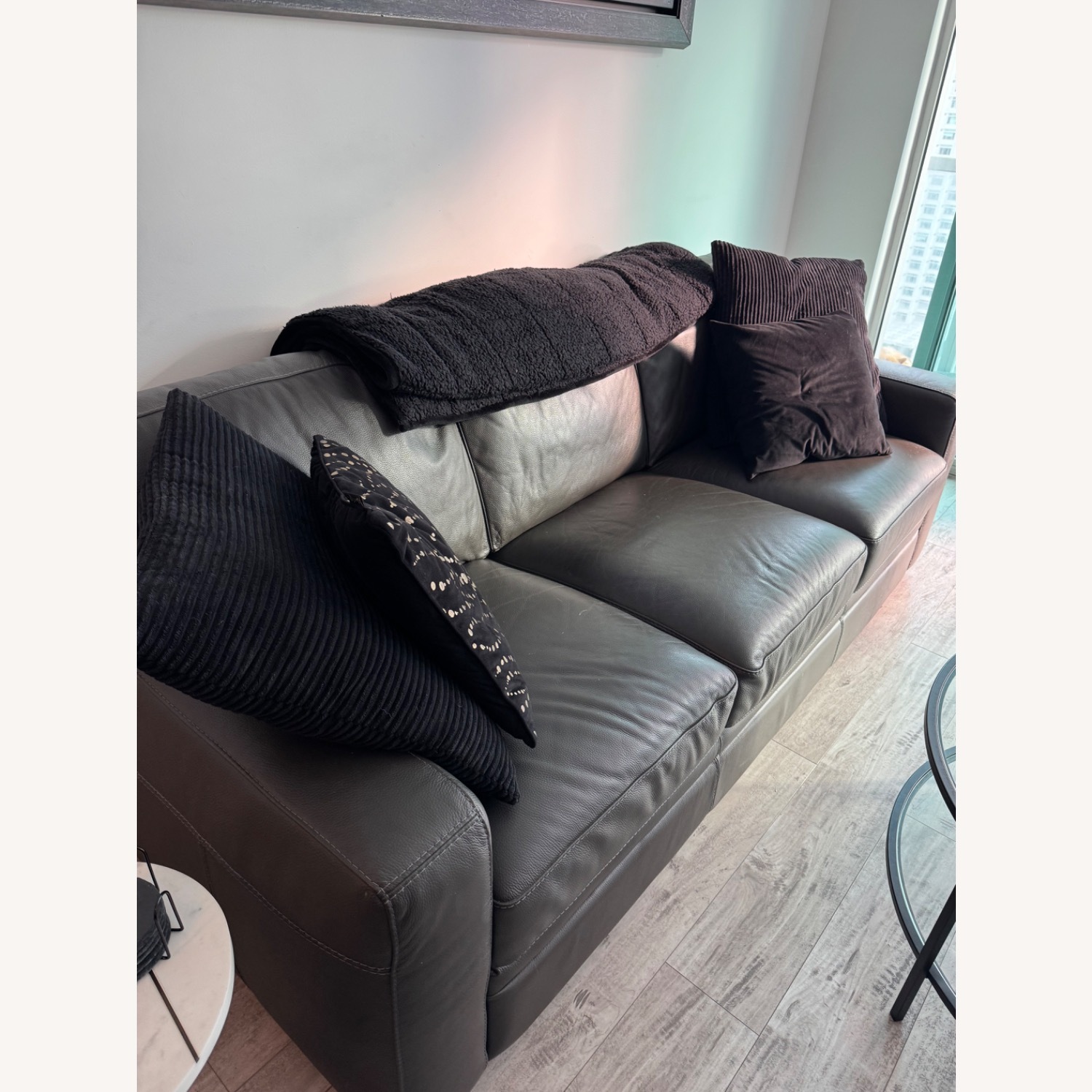 Macy’s Dark Grey Leather Sofa - image-1